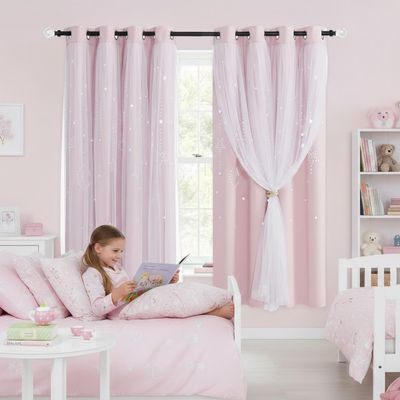 NICETOWN Moon and Stars Cutout Blackout Curtains with White Sheer Voile for Bedroom/Christmas, Grommets Noise Reducing Window Treatment Draped for Grils Room, 1 Pair, 52" Wide x 63" Long, Baby Pink