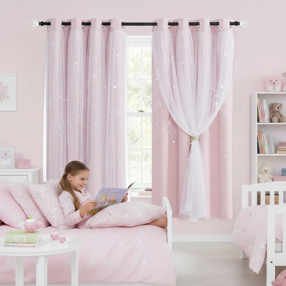 NICETOWN Moon and Stars Cutout Blackout Curtains with White Sheer Voile for Bedroom/Christmas, Grommets Noise Reducing Window Treatment Draped for Grils Room, 1 Pair, 52" Wide x 63" Long, Baby Pink