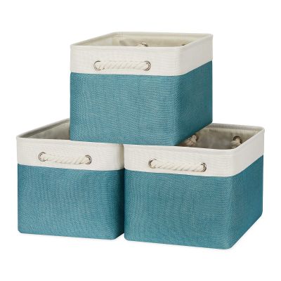 Bidtakay Basket Storage Bins with Handles Fabric Large Storage Baskets for Organizing Set of 3 Collapsible Rectangular Basket for Shelves Closet Organizer 15 X 11 X 9.5 Inches(White&Teal Blue)