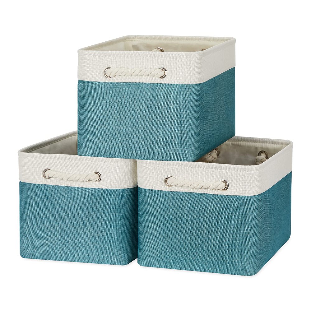 Bidtakay Basket Storage Bins with Handles Fabric Large Storage Baskets for Organizing Set of 3 Collapsible Rectangular Basket for Shelves Closet Organizer 15 X 11 X 9.5 Inches(White&Teal Blue)