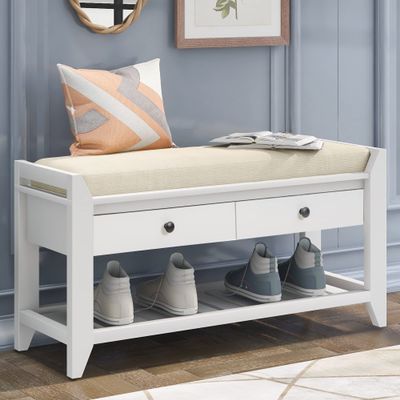 P PURLOVE Entryway Storage Bench with Cushioned Seat Shoe Rack with 2 Drawers and Storage Shelf, White