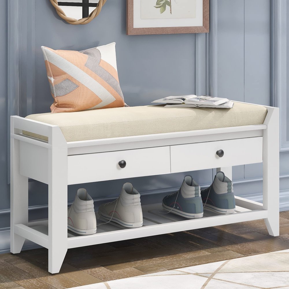P PURLOVE Entryway Storage Bench with Cushioned Seat Shoe Rack with 2 Drawers and Storage Shelf, White