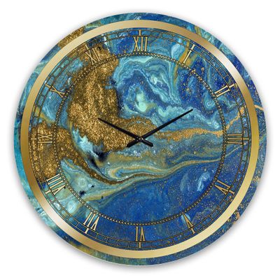 DesignQ 'Blue and Gold Marble Agate Ripples I' Glam Wall Clock for Home Bedroom Bathroom Office Living Room Decoration