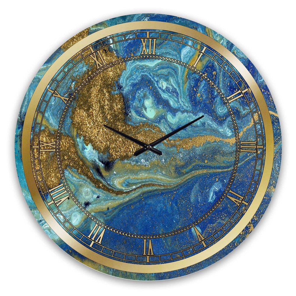 DesignQ 'Blue and Gold Marble Agate Ripples I' Glam Wall Clock for Home Bedroom Bathroom Office Living Room Decoration