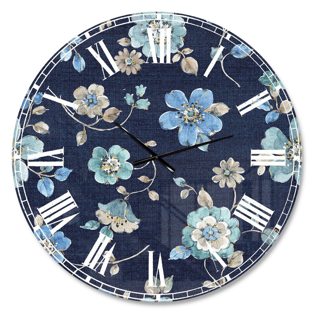 DesignQ 'Indigold Metallic Flower Pattern' Traditional Wall Clock for Home Bedroom Bathroom Office Living Room Decoration