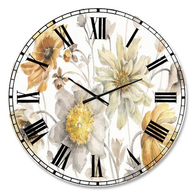 DesignQ 'Fields of Gold Watercolor Flower VII' Traditional Wall Clock for Home Bedroom Bathroom Office Living Room Decoration
