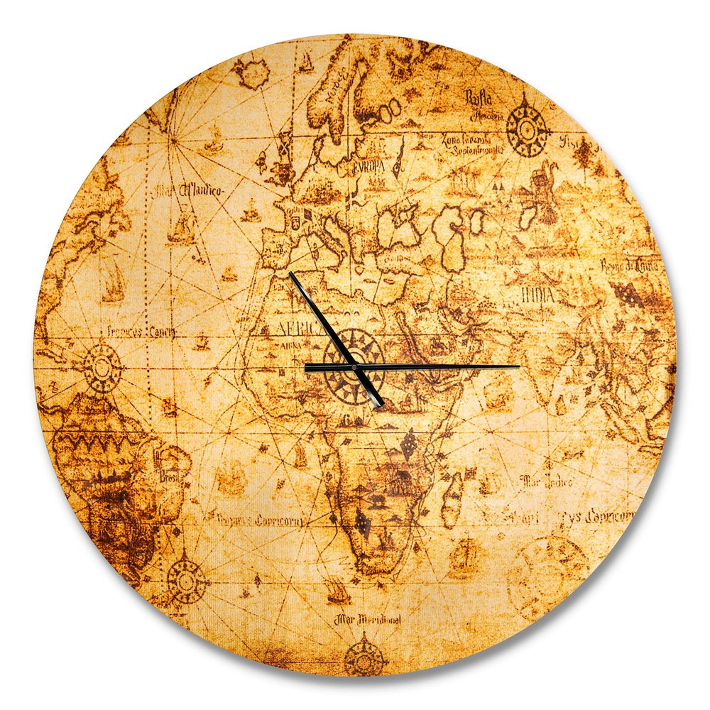 DesignQ 'Magnifying Glass on World Map ' Rustic Wall Clock for Home Bedroom Bathroom Office Living Room Decoration