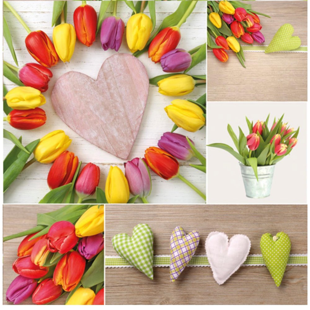 Keep Unique 20-ct 13x13 Flowers Paper Tulips Heart Luncheon Decoupage Napkins, 3-Ply Servilletas Printed Tulips Cocktail Napkin for Art, Dinner and Party, Disposable Napkins Decor