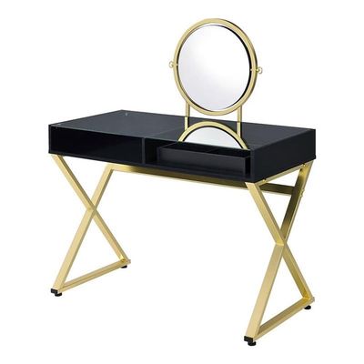 Acme Coleen Glass Top Vanity Desk with Jewelry Tray in Black and Gold