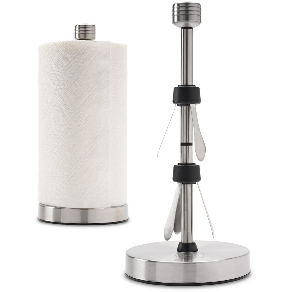 Heavy-Duty Stainless Steel Paper Towel Holder - Easy One-Handed Tear with Suction Cups - Modern Weighted Standing Countertop Dispenser for Kitchen - Holds All Paper Towel Rolls, Silver