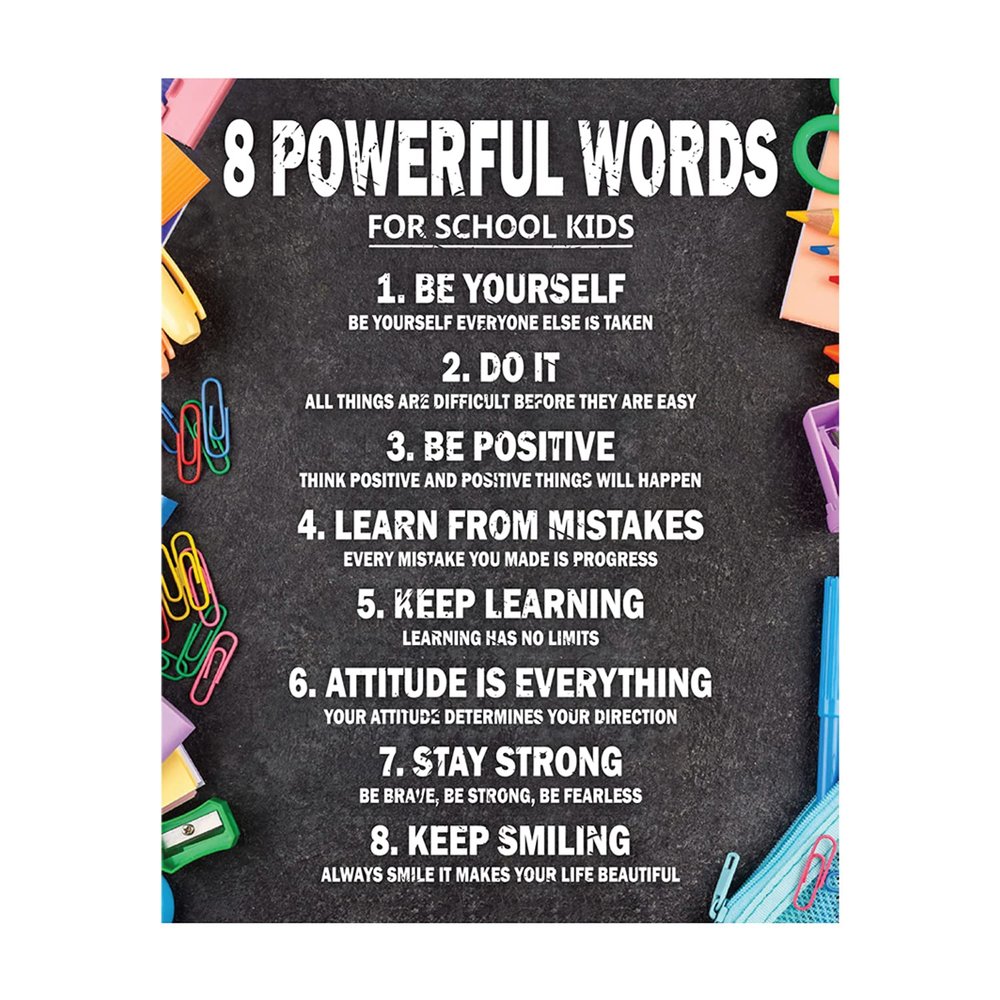 8 Powerful Words for School Kids - Motivational Poster, Thick Paper, 11" x 14" inches Inspirational Wall Art Print, Positive Quotes, Affirmation Pictures for Bedroom, Classroom, Study Room (Unframed)