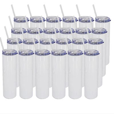 20oz Stainless Steel STRAIGHT Skinny SUBLIMATION Tumbler - Vacuum Insulated Double Wall Travel Mug with Lid & Straw (24), White