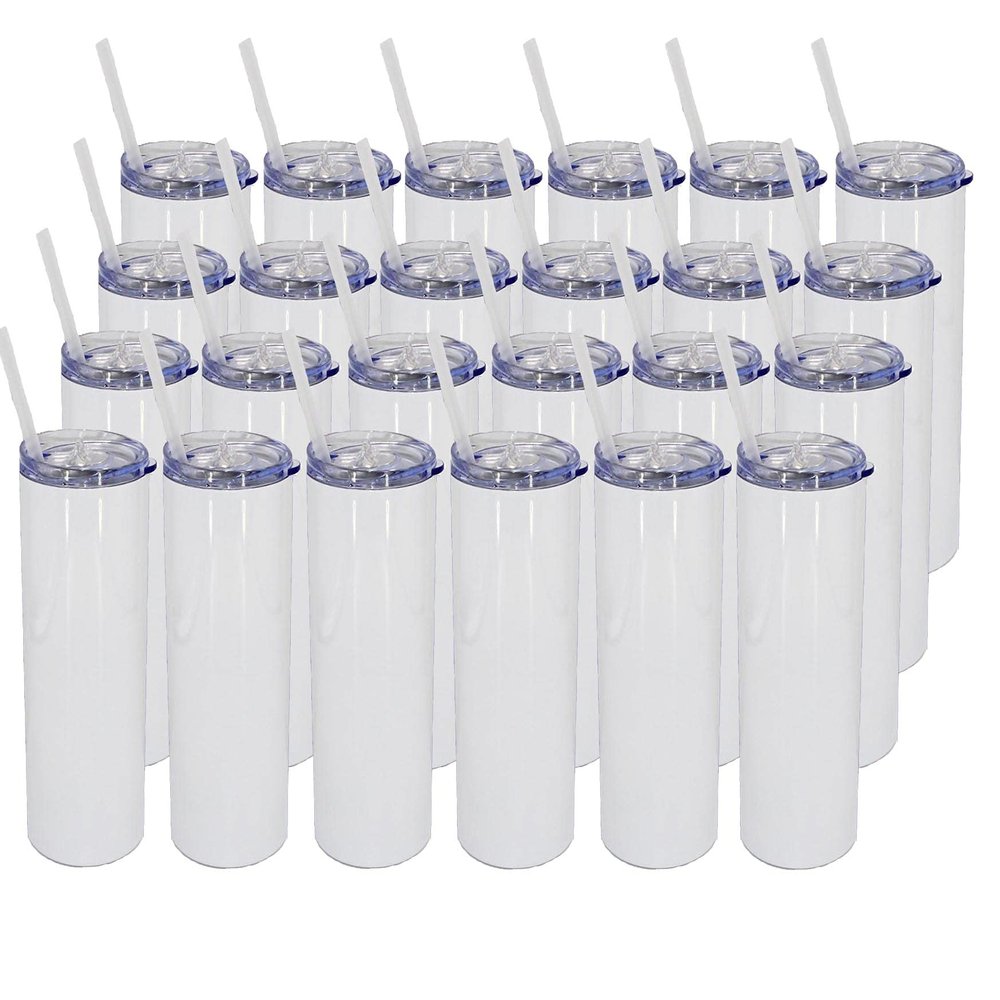 20oz Stainless Steel STRAIGHT Skinny SUBLIMATION Tumbler - Vacuum Insulated Double Wall Travel Mug with Lid & Straw (24), White