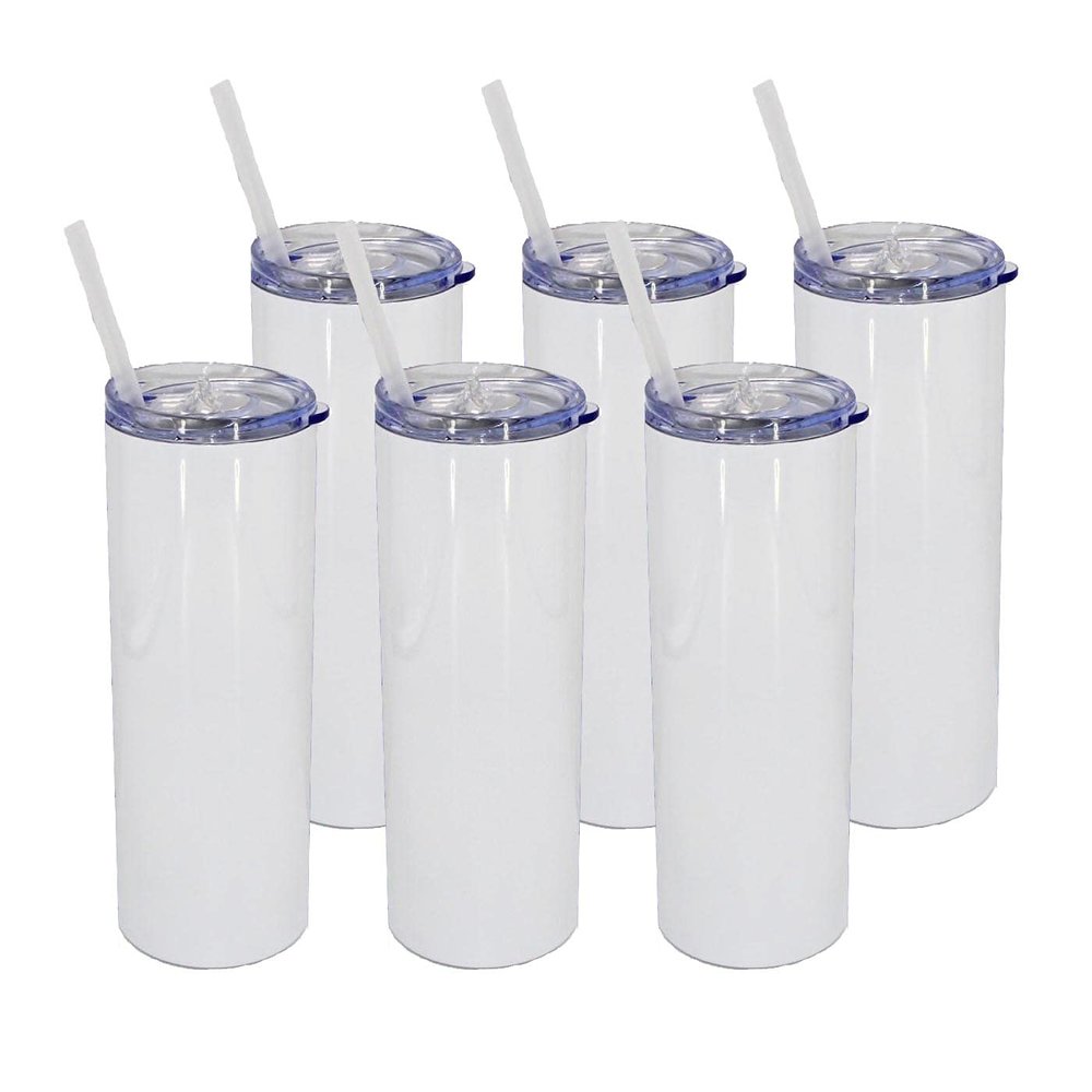 20oz Stainless Steel STRAIGHT Skinny SUBLIMATION Tumbler - Vacuum Insulated Double Wall Travel Mug with Lid & Straw (6), White
