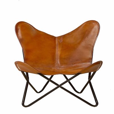 cuero Handmade Living Room Buffalo Leather Chair, Home-Decor, Butterfly Chair with Folding Iron Frame