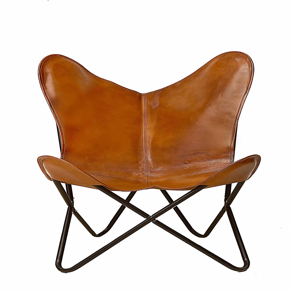 cuero Handmade Living Room Buffalo Leather Chair, Home-Decor, Butterfly Chair with Folding Iron Frame
