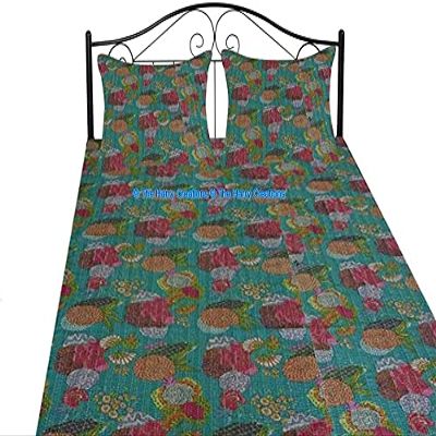100% Cotton Gudri Fruit Pattern Pure Print Decorative Fruit Kantha Stitch Style Bedspread Quilt Reversible Indian Kantha Floral Quilt (Forest Green, King 90"x108" With Sham Covers)