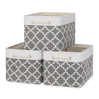 Bidtakay Basket Storage Bins Baskets for Organizing Set of 3 Collapsible Cloth Storage Linen Closet Organizer 15 X 11 X 9.5 Inches Large Foldable Baskets for Shelves (White&Quatrefoil Grey)
