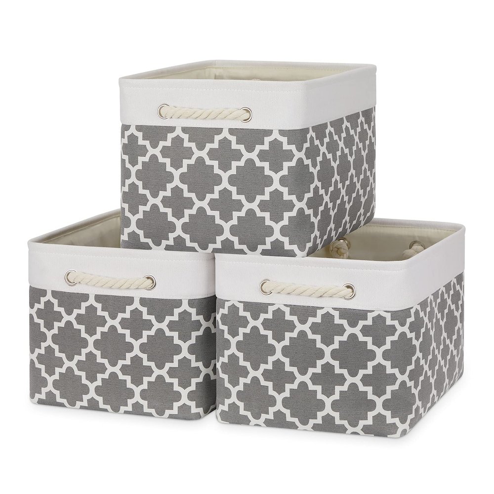 Bidtakay Basket Storage Bins Baskets for Organizing Set of 3 Collapsible Cloth Storage Linen Closet Organizer 15 X 11 X 9.5 Inches Large Foldable Baskets for Shelves (White&Quatrefoil Grey)