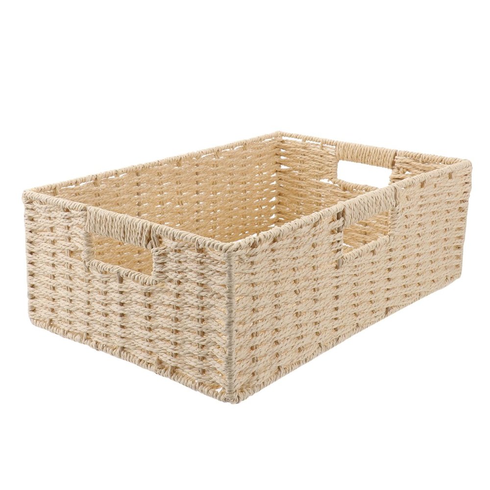 Rattan Storage Basket Countertop Rectangular Wicker Basket with Handles Book Cosmetic Sundries Holder for Home Office Blue