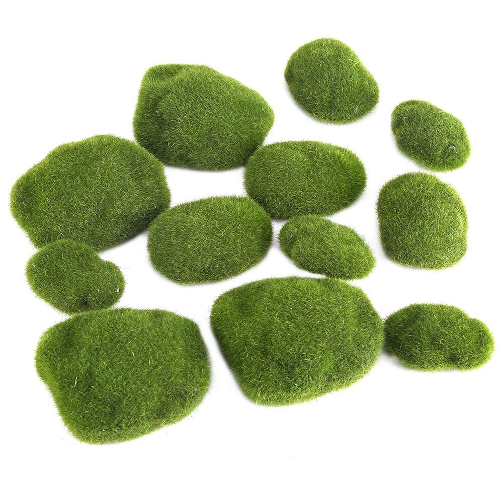 12pcs Artificial Moss Rocks, 3 Sizes Moss Stone Decorative Flocking Stone Faux Green Moss Covered Stones for Floral Arrangements, Fairy Gardens and Crafting
