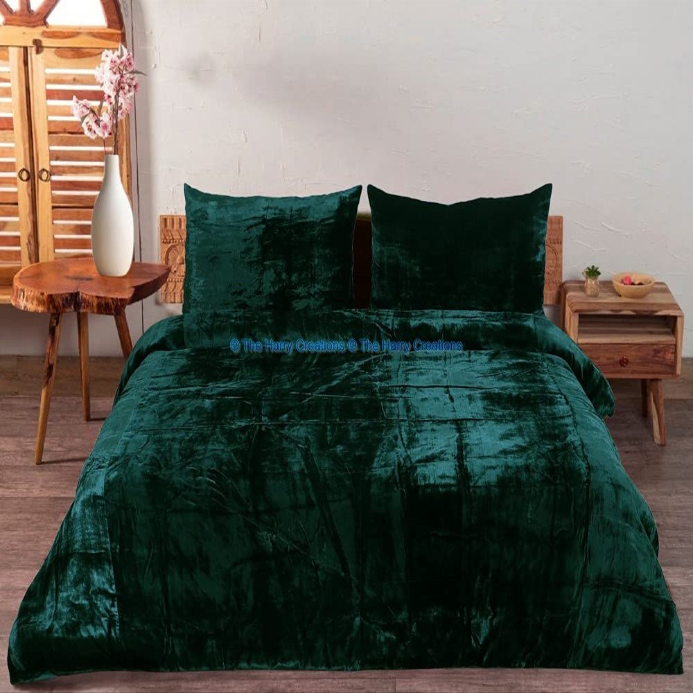 The Harry Creations 3 Pcs Set Solid Pattern Velvet Bedding Ultra Donna Crushed Luxury Boho Duvet Cover (Moss, Full 80inch x 90inch)