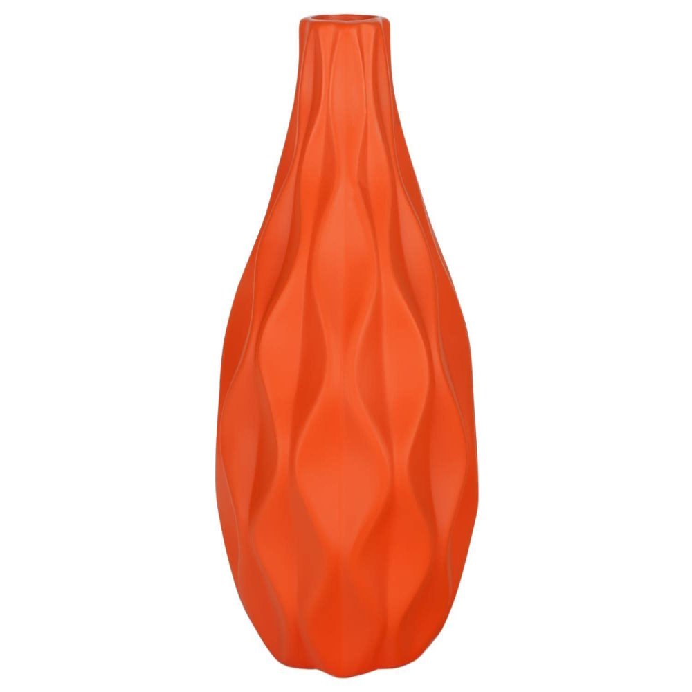 Urban Trends Collection Ceramic Round Vase with Belly and Embossed Wave Design Matte Finish Orange