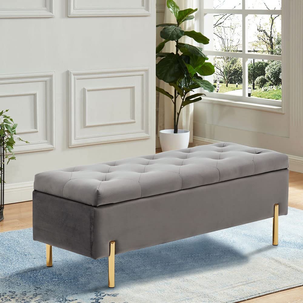 Andeworld Velvet Storage Bench, Modern Bedroom Bench, Upholstered Tufted Large Settee Ottoman with Storage Bench for Bedroom,Living Room,Entryway,Grey