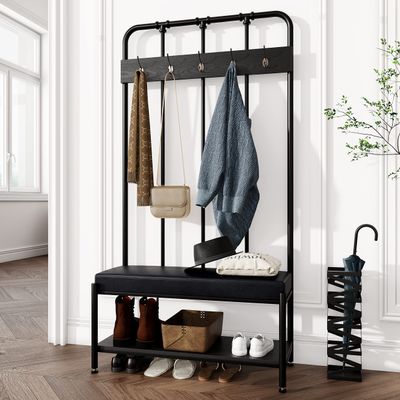 Allewie Coat Rack Shoe Bench, 75" Freestanding Hall Tree, Entryway Bench with Storage Shelves, Upholstered Sponge-Padded Seat, Organized with 5 Hooks, Industrial Furniture, Easy Assembly, Black