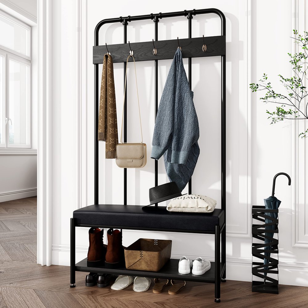 Allewie Coat Rack Shoe Bench, 75" Freestanding Hall Tree, Entryway Bench with Storage Shelves, Upholstered Sponge-Padded Seat, Organized with 5 Hooks, Industrial Furniture, Easy Assembly, Black