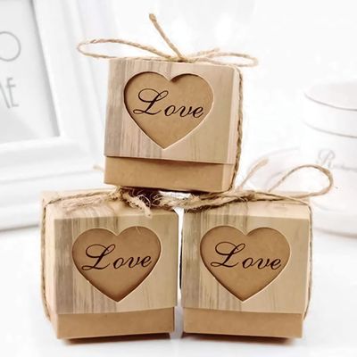 Worldoor Rustic Candy Boxes,100pcs Wedding Favor Boxes,Love Kraft Bonbonniere Paper Gift Boxes with Burlap Jute Twine for Bridal Shower Wedding Birthday Party Rustic Wedding Christmas Decorations