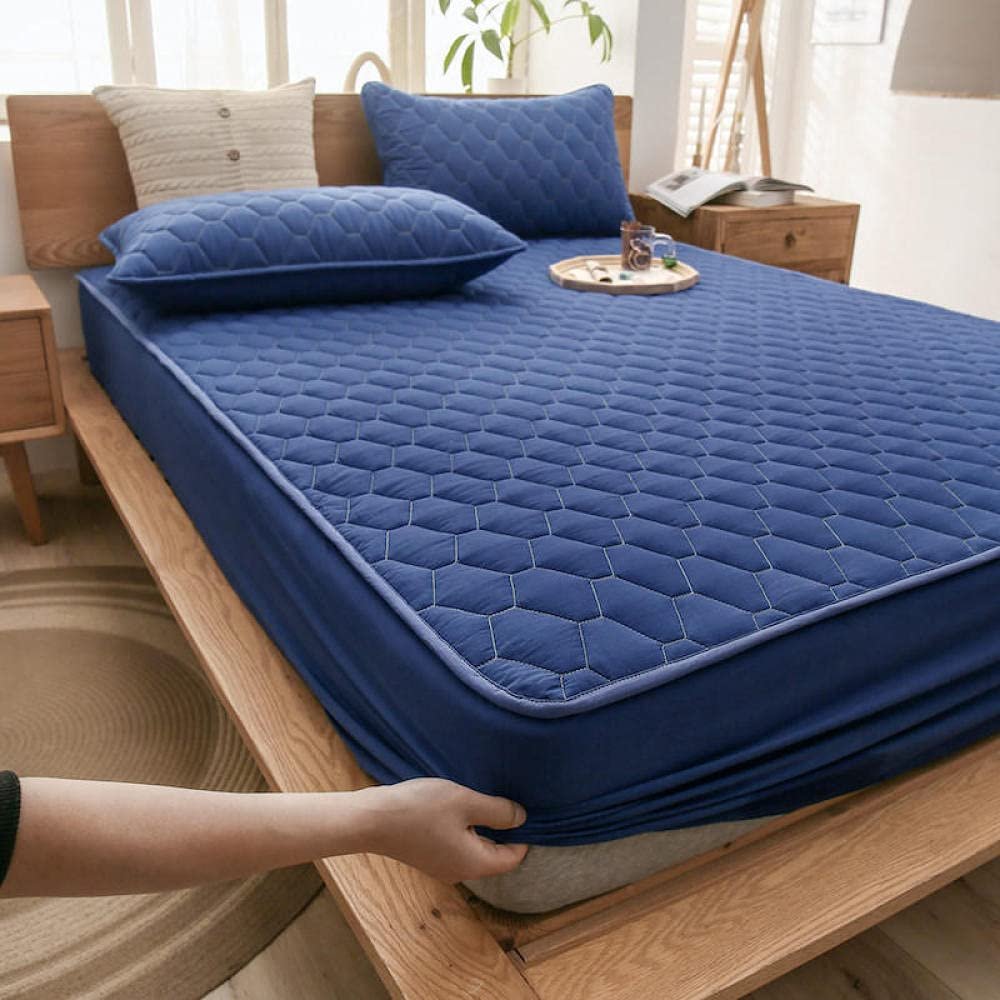 CFYCYHDZHT Bedding Deep Pocket Fitted Sheet Kids Waterproof Urinary Quilted Mattress Protector, Single Double King Size Mattress Topper in The Elderly Bedroom Navy Blue 120200cm
