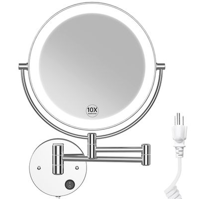 Benbilry 9" Large Size Wall Mounted Lighted Makeup Vanity Mirror, 1X/10X Magnifying 2-Sided AC Plug-in Powered Bathroom Mirror, 360 Swivel 13 Inch Extendable Arm, Chrome