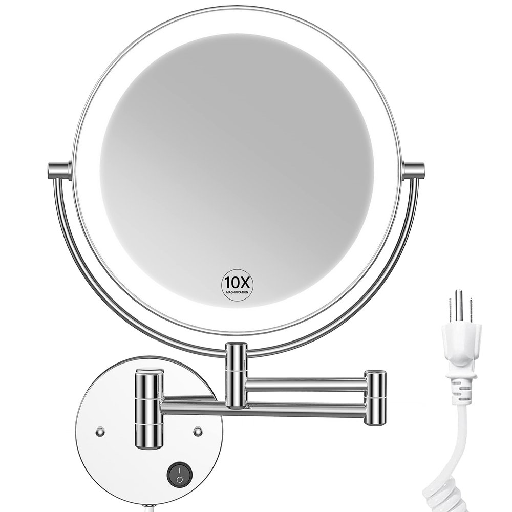 Benbilry 9" Large Size Wall Mounted Lighted Makeup Vanity Mirror, 1X/10X Magnifying 2-Sided AC Plug-in Powered Bathroom Mirror, 360 Swivel 13 Inch Extendable Arm, Chrome