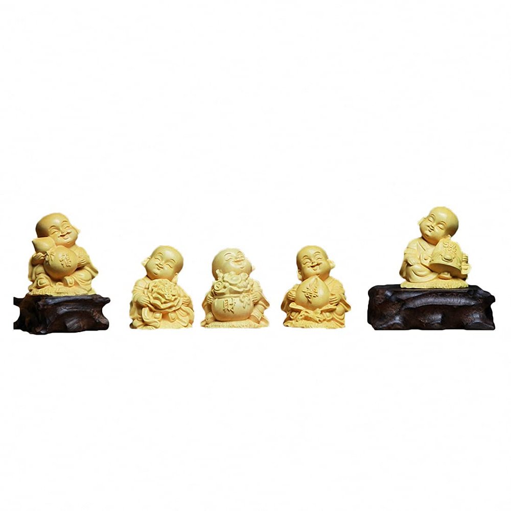 5PCS Natural Boxwood Hand Carved Sets 5 Fu Kid Statue Sets