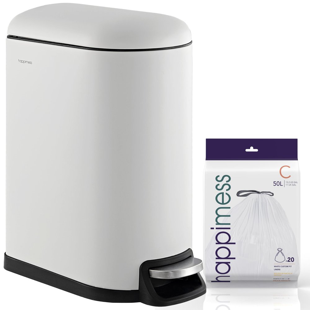 happimess HPM1010C Roland 10.6-Gallon Step-Open Trash Can with Soft-Close Lid, Modern, Minimalistic, Fingerprint Proof for Home, Kitchen, Laundry Room, Office, Bedroom, Bathroom, White