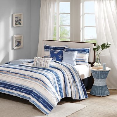 Coastal Living Blue Watercolor, Cottage, Beach House, Nautical & Coastal King / California King Quilt Shams & Toss Pillows (6 Piece Bed in A Bag)