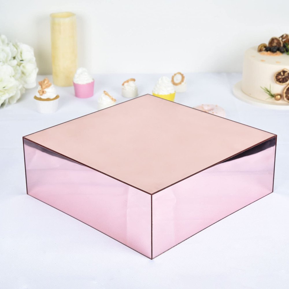 14"x14" | Acrylic Display Box, Cake Riser, Cake Box Stand, Transparent Jewellery Display Box Pedestal Riser with Hollow Bottom - Rose Gold/Blush