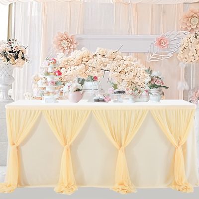 14ft Champagne Table Skirt Tulle Wedding Table Cloth Elegant Tutu Table Skirt Cover for Birthday Party Baby Shower Dessert Buffet Banquet Table Decorations