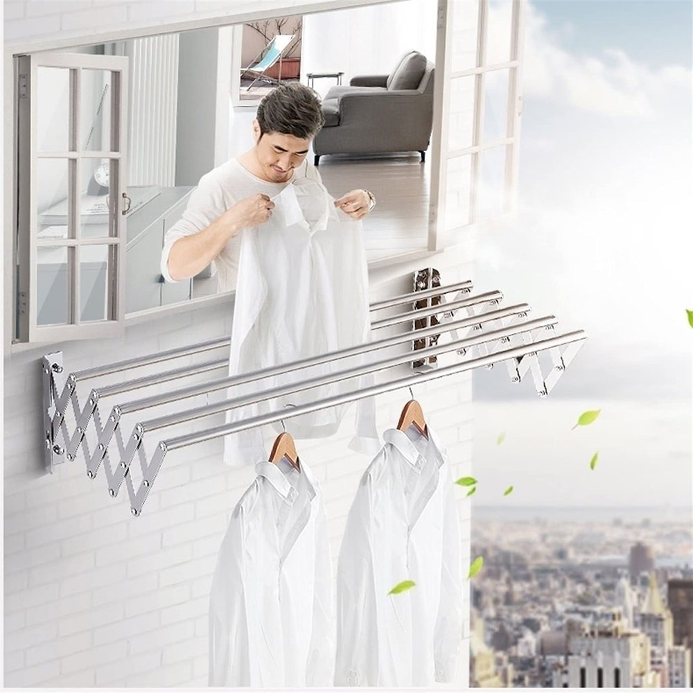 GXFWJD Bathroom Foldable Laundry Towel Drying Rack Stainless Steel Retractable Clothes Hanging Racks with Clips Clothes Storage Rack Wall-Mounted (Color : Silver, Size : 60cm)