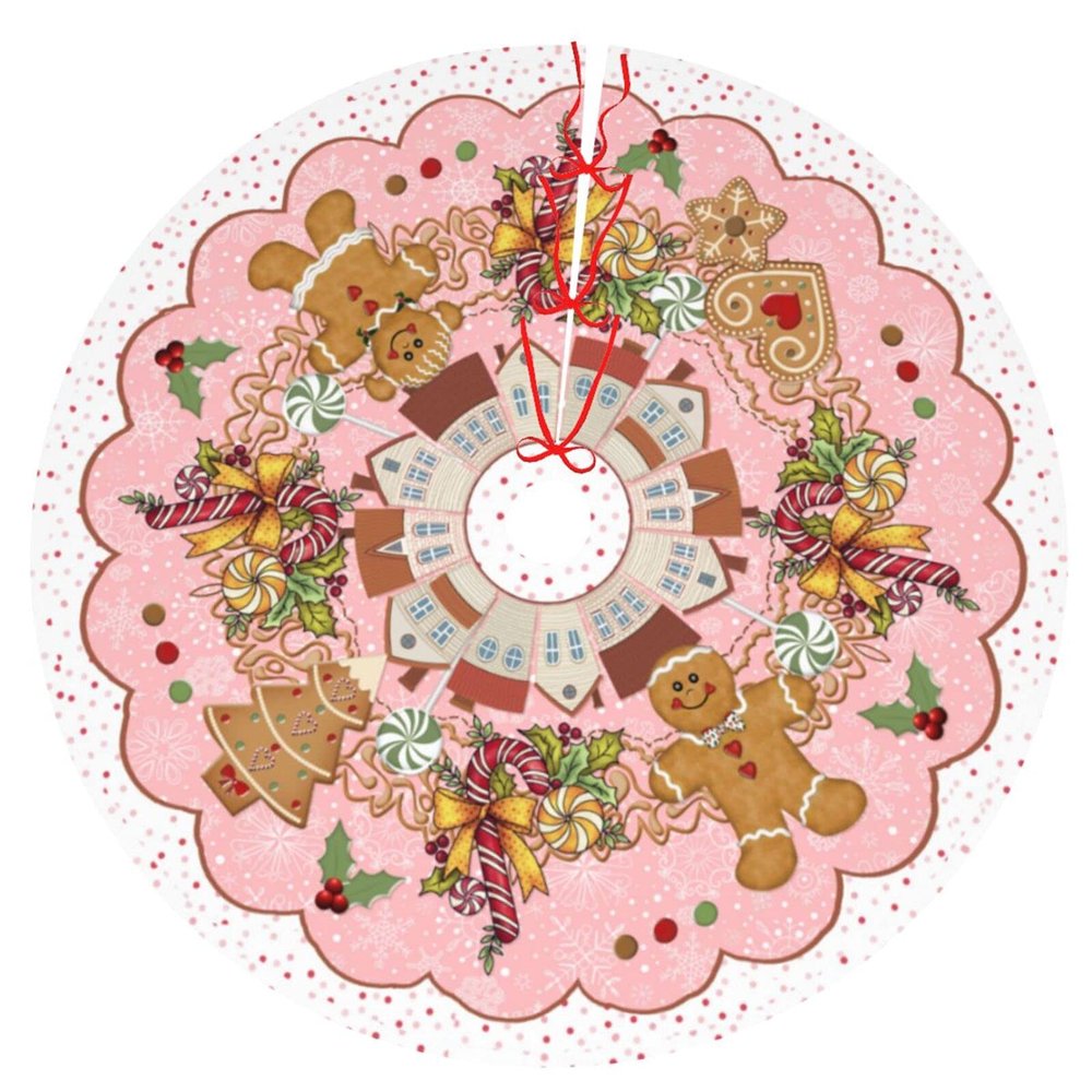 Cute Gingerbread Candy 48" Christmas Tree Skirt, Large Tree Mat Base Cover for Xmas Festive Holiday Party Ornaments Decoration