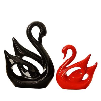 2 Pieces Swan Sculpture Decor Swan Table Decorations Elegant Ceramic Swan Figurine Swans for Decoration Statues for Home Decor Living room Shelves Fireplace Coffee Table DecorRed Black Couple Swan