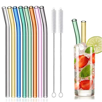 8 Pcs Reusable Glass Straws, 8"x8mm Eco-friendly Drinking Straws for Smoothies, Milkshakes, Tea, Juice, Cocktails - Multi-Color Mixed (8Pcs Bent)