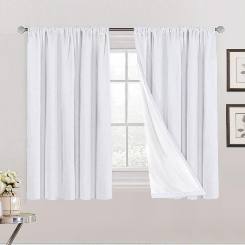 100% Blackout Curtains Primitive Linen Textured Curtain Drapes for Bedroom Full Light Blocking Window Curtains Draperies for Living Burlap Fabric Soft with White Liner (52"W x 54"L, Pearl White)