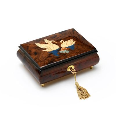 Gorgeous Handcrafted 18 Note Walnut Music Box with Swans Wood Inlay - Many Songs to Choose - Let It Snow