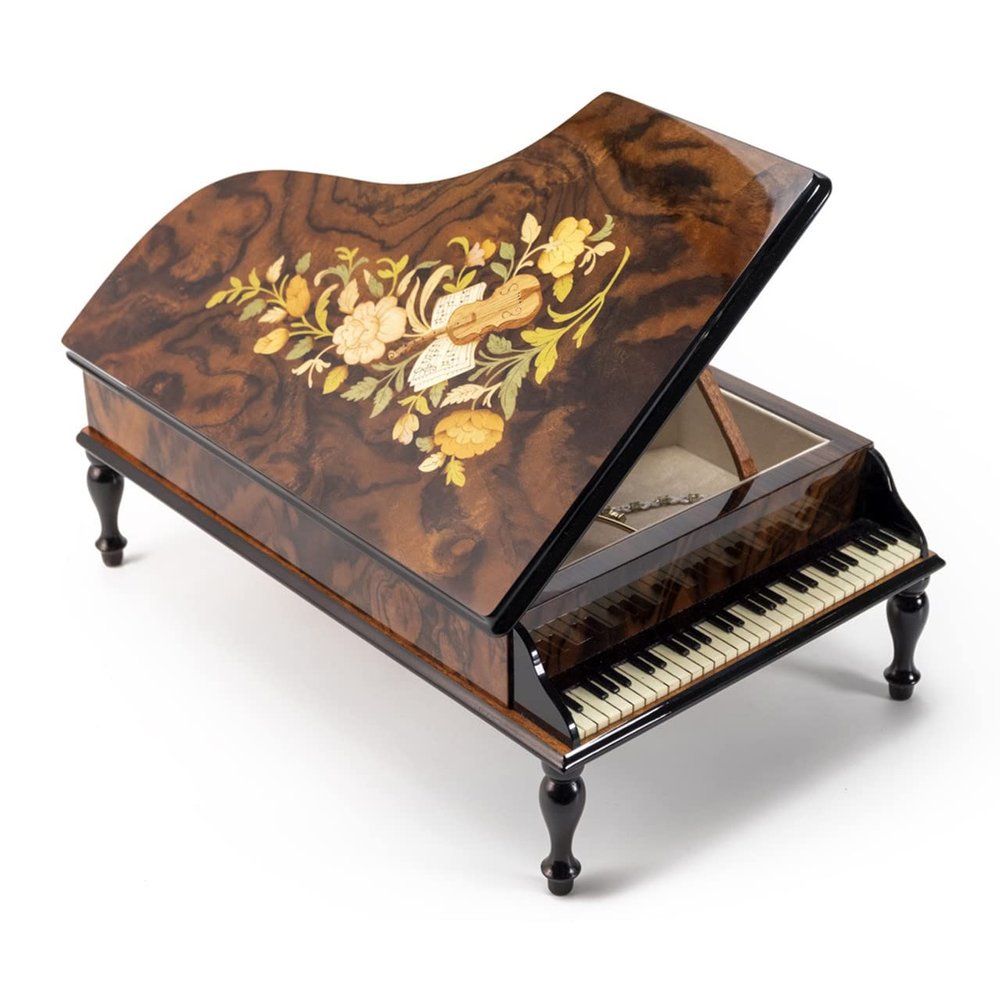 Handcrafted Wood Tone Music and Floral Inlay 30 Note Piano Music Jewelry Box - Silent Night
