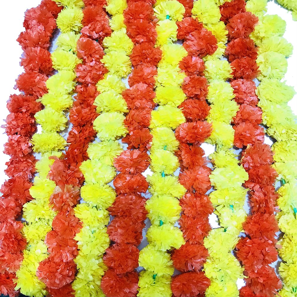 10 PC - 5 feet Marigold Garland |Indian/American Wedding Party Mantle Decoration, Faux Wedding Garland, Diwali Decoration, Haldi Mehndi, Spring Bush Floral! Dark Orange and Yellow