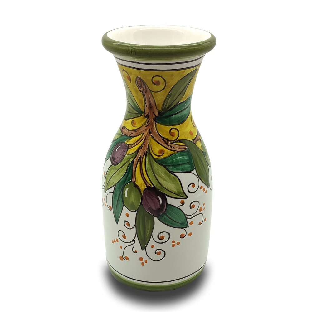 Italian Ceramic Wine Jug Olives - 16.9 oz Hand Painted Utensil Holder Or Carafe Design for Kitchen - Made in ITALY Tuscany - Italian Pottery Vase Jar for Wine - Home Decor Ceramics Dispenser