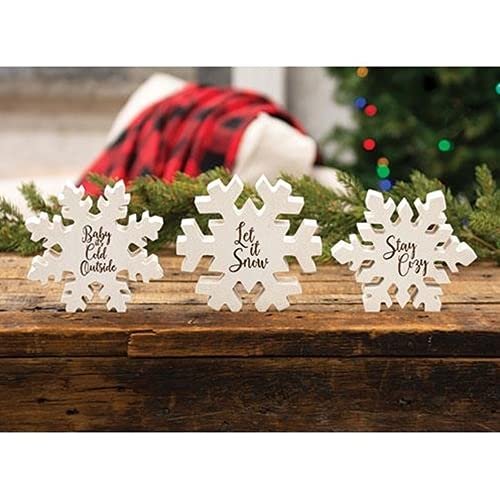 Col House Snowflake Reversible Shelf Sitters Set of 3 Wood Glittery Distressed Farmhouse - Christmas and Winter Side - Let it Snow, Tis The Season, Stay Cozy, Merry and Bright, Baby It's Cold Outside