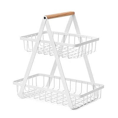 2-Tier Metal Fruit Basket Portable Kitchen Storage Countertop Shelf Rack for Fruits Vegetables Household Toiletries (W)